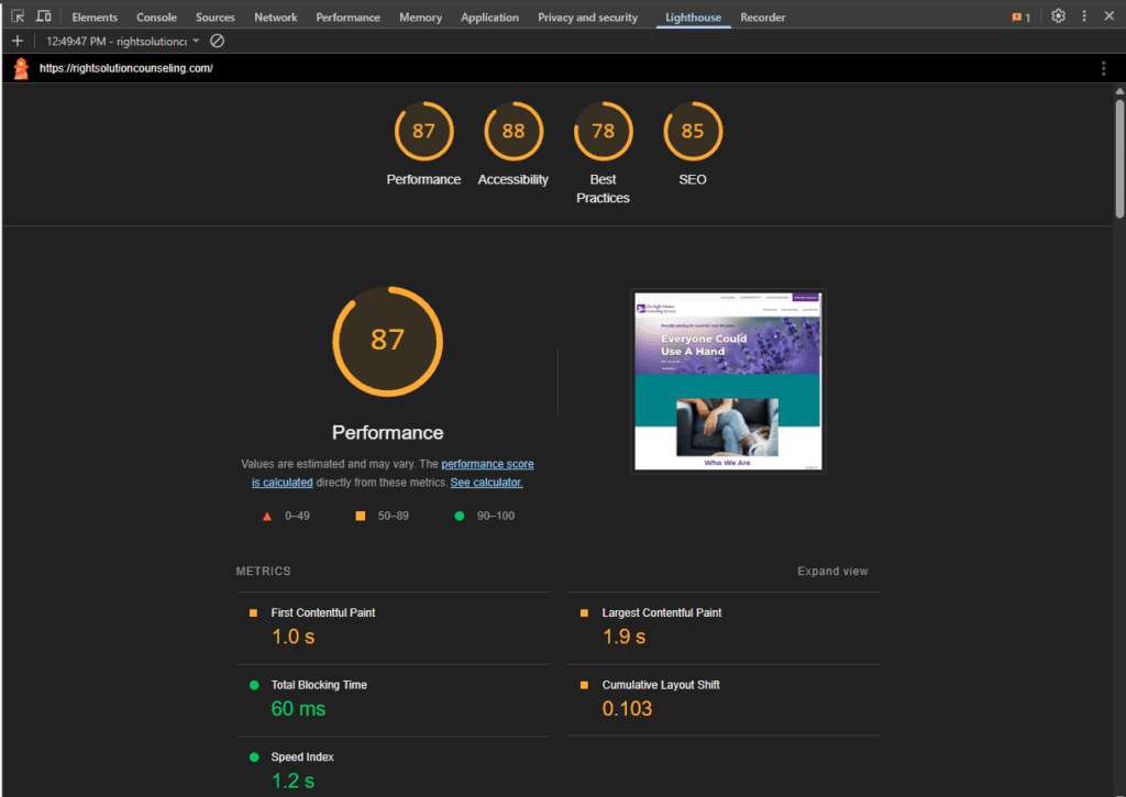 Lighthouse results for rightsolutionconsuling.com with an 87 performance, 88 Accessibility, 78 Best practices, and 85 SEO.