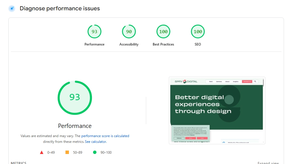 PageSpeed Insights Diagnose performance screen with 93 Performance, 90 Accessibility, 100 Best Practices, 100 SEO.